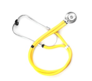 Photo of Stethoscope on white background, top view. Medical object