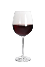 Glass of delicious expensive red wine on white background