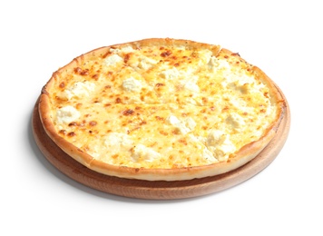 Photo of Tasty hot cheese pizza on white background