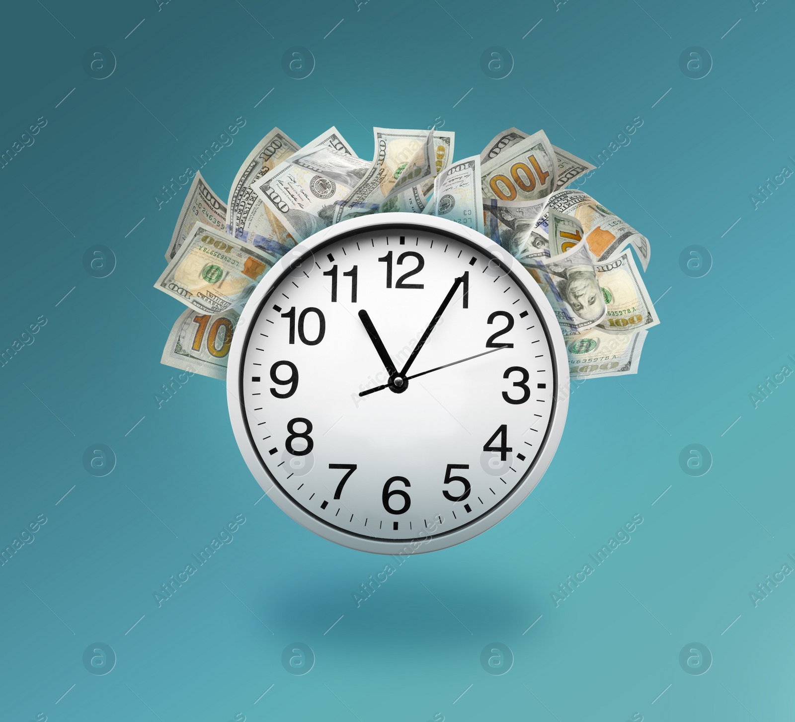 Image of Time is money. Clock and dollar banknotes on light blue background