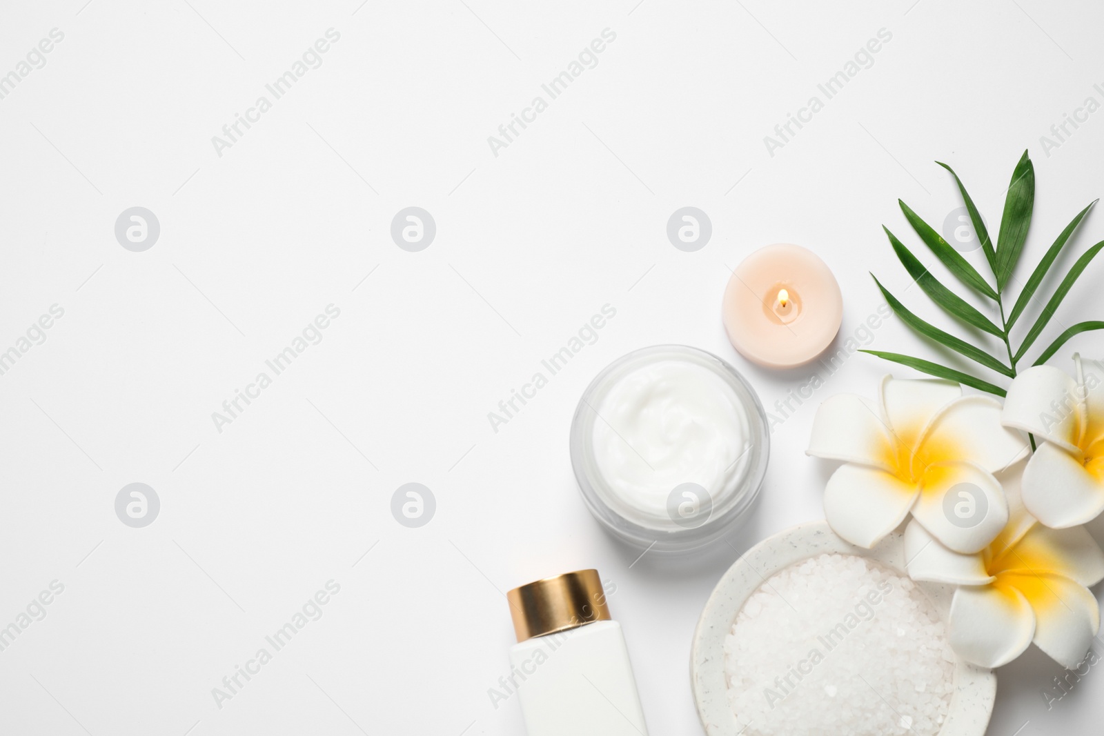 Photo of Composition with bath salt on white background, top view. Spa treatment