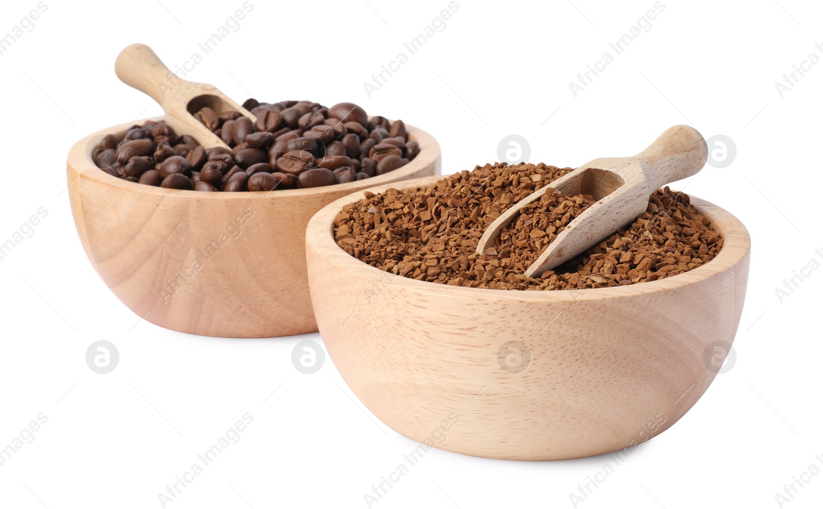 Photo of Bowls with instant coffee and roasted beans on white background