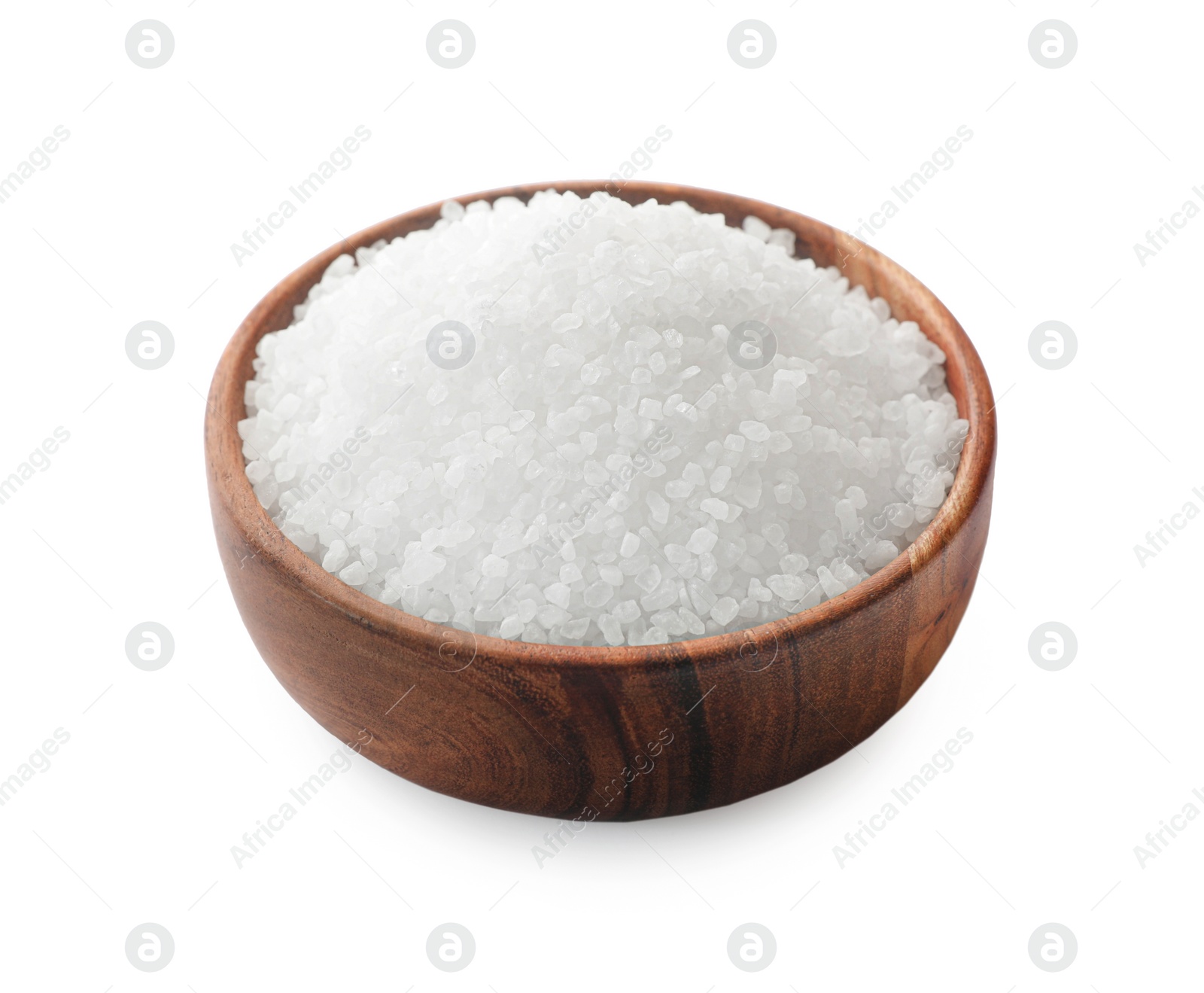 Photo of Natural salt in wooden bowl isolated on white