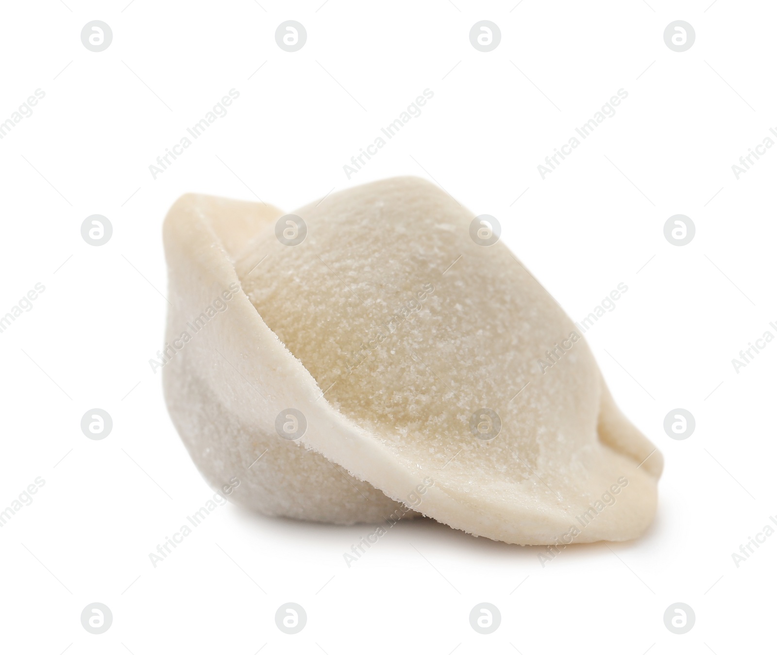 Photo of Raw dumpling with tasty filling on white background