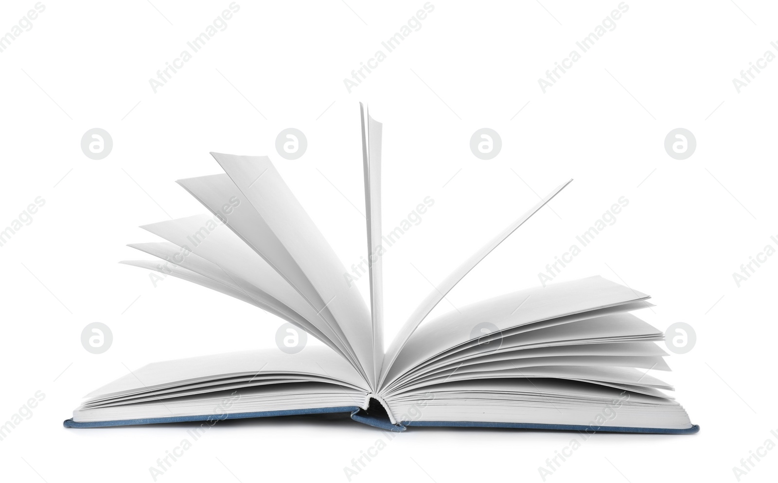 Photo of Open book with hard cover on white background