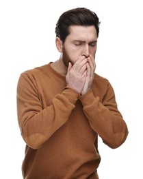 Photo of Sick man coughing on white background. Cold symptoms