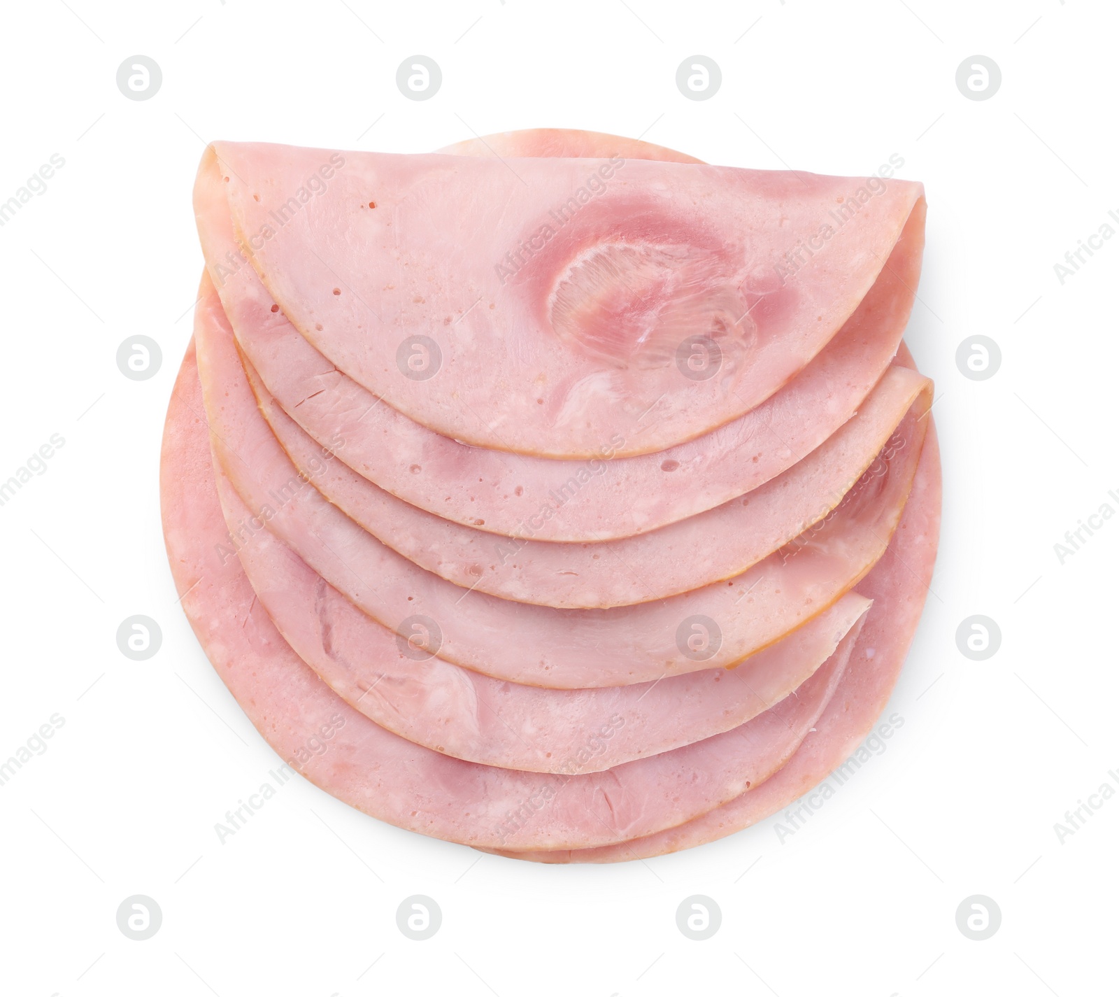 Photo of Slices of tasty ham isolated on white, top view