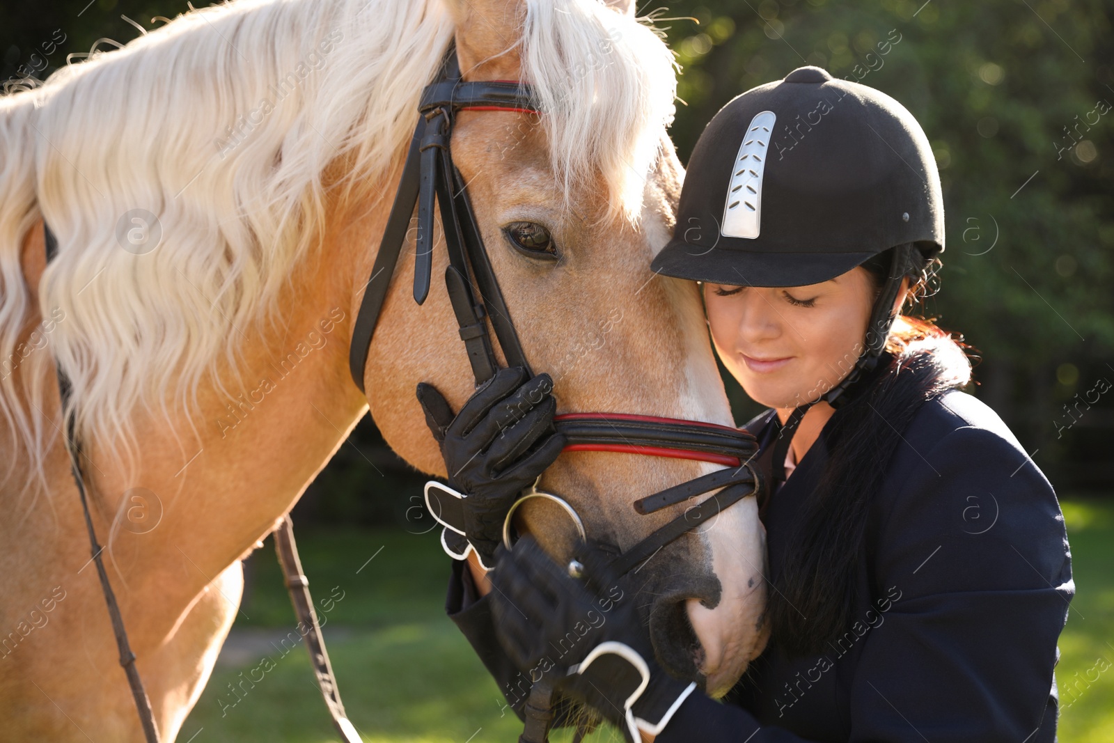 Photo of Young woman in horse riding suit and her beautiful pet outdoors on sunny day