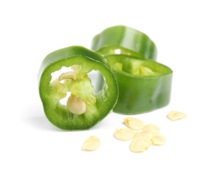 Photo of Cut green hot chili pepper on white background