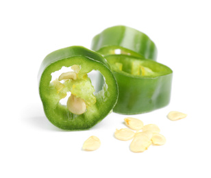 Cut green hot chili pepper on white background