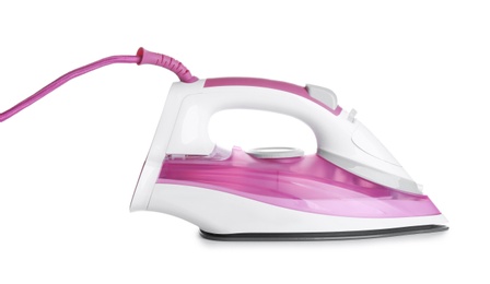 Photo of Modern electric iron on white background. Household appliance