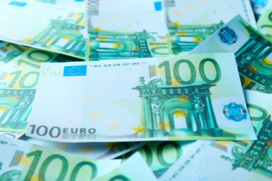 Photo of Euro banknotes as background, closeup. Money and finance