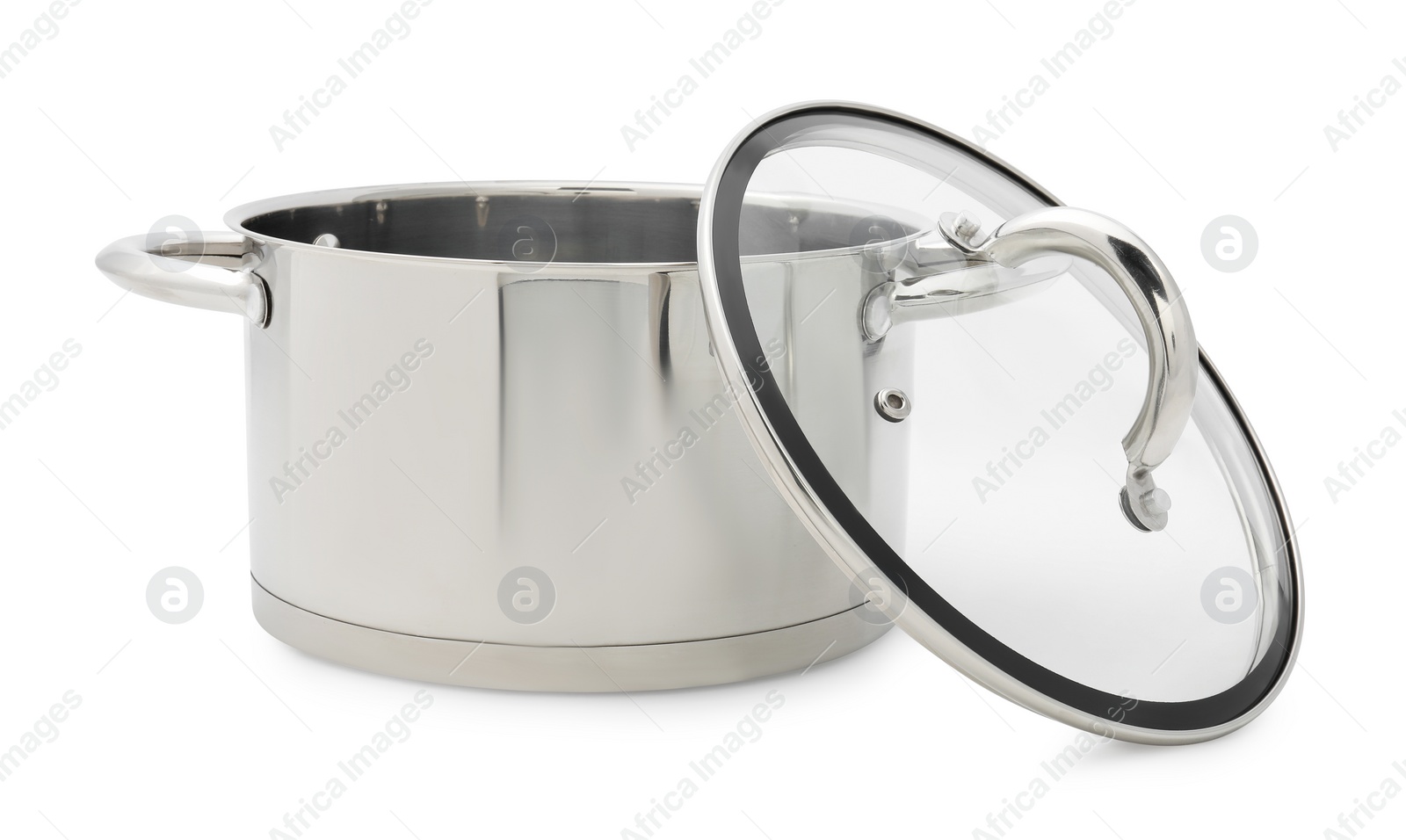 Photo of One steel pot and glass lid isolated on white