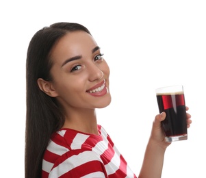 Beautiful woman with cold kvass on white background. Traditional Russian summer drink