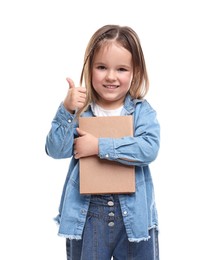 Photo of Cute little girl with book showing thumbs up against white background