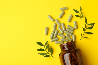 Vitamin pills, branches and bottle on yellow background, flat lay. Space for text