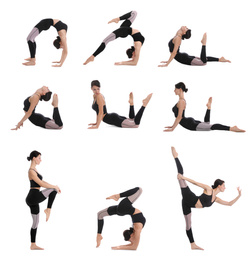Collage of professional young acrobat exercising on white background 