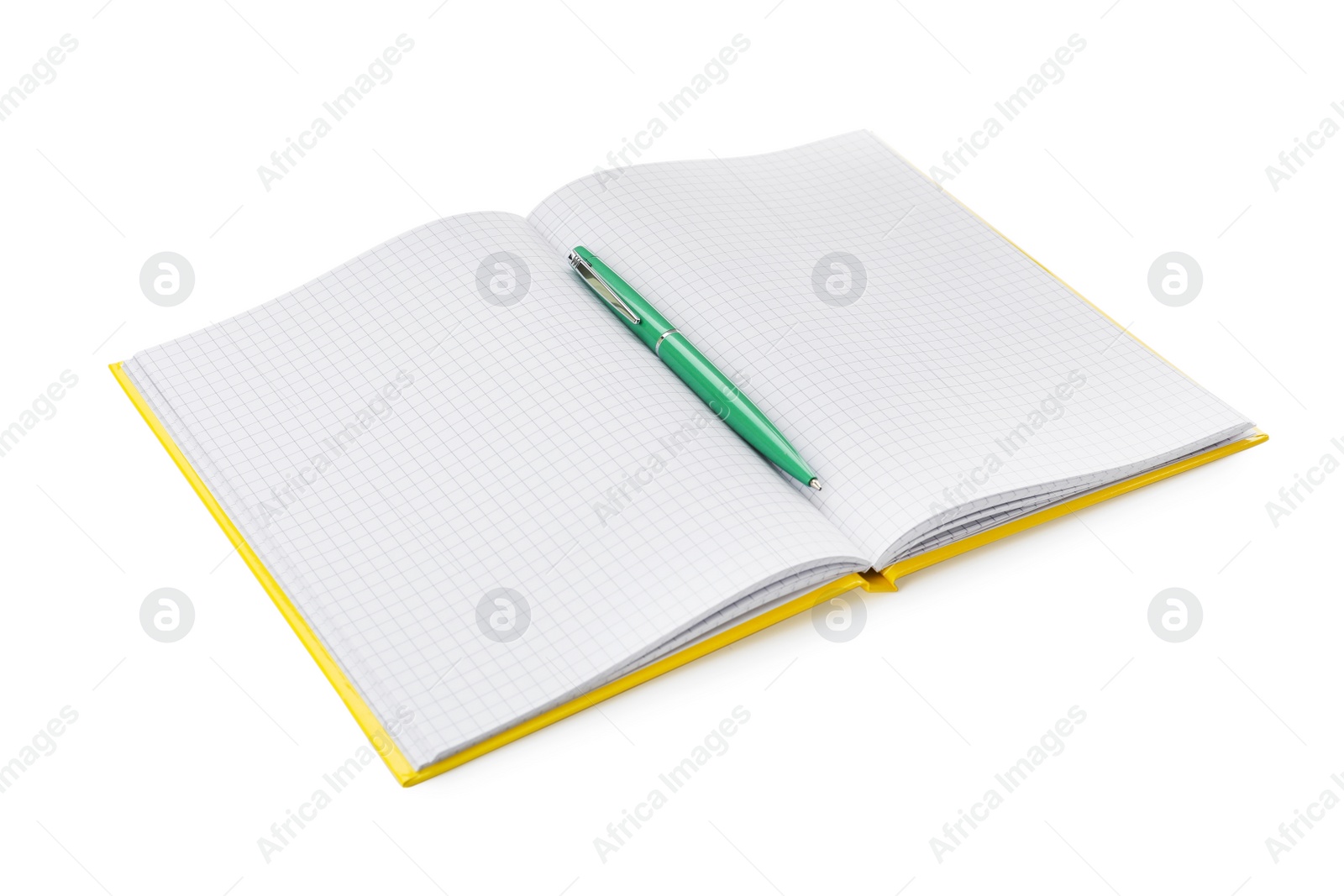 Photo of Open notebook with blank sheets and pen isolated on white