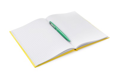 Photo of Open notebook with blank sheets and pen isolated on white