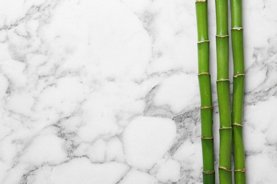Photo of Green bamboo stems on white marble background, top view. Space for text