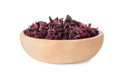 Photo of Bowl of dry hibiscus tea isolated on white