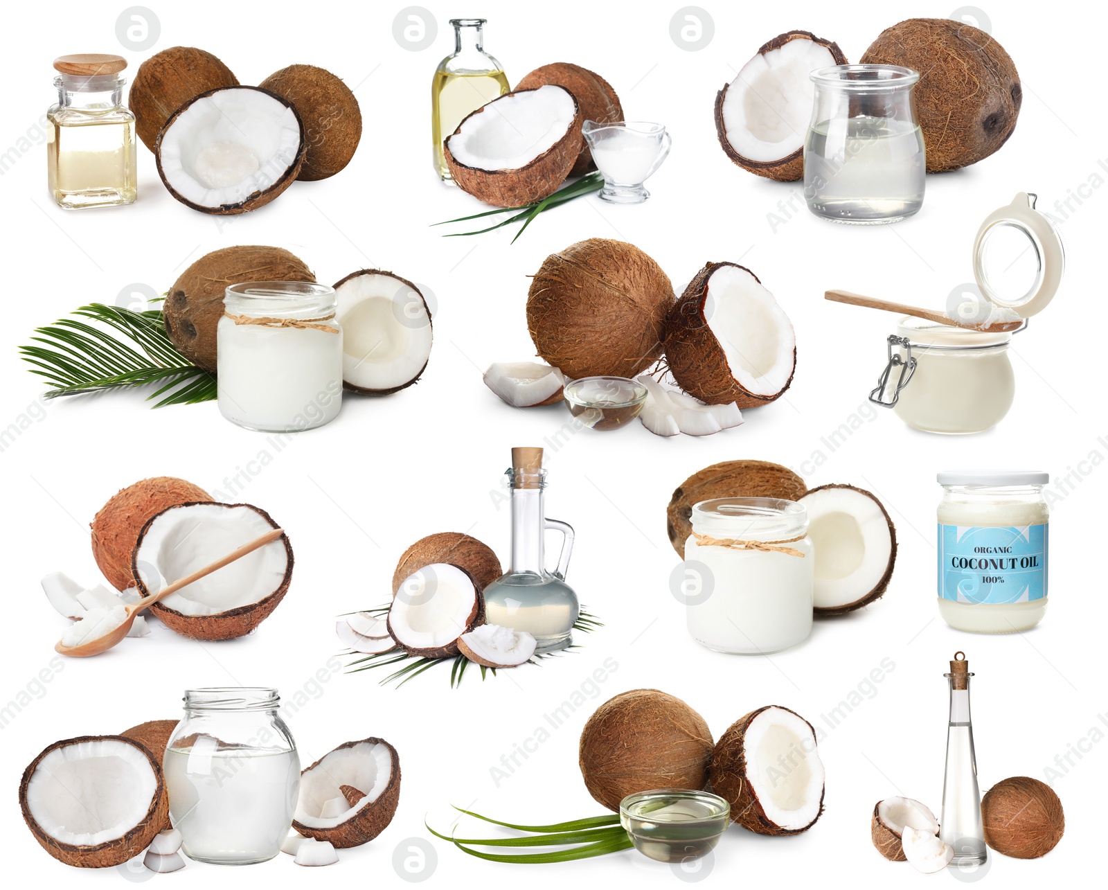 Image of Set of coconuts and organic cooking oil on white background