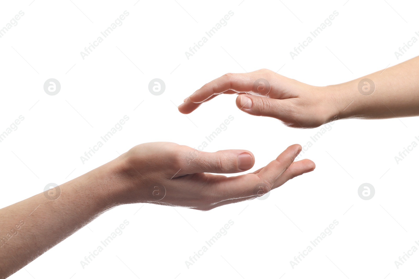 Photo of Man and woman reaching to each other on white background, closeup of hands