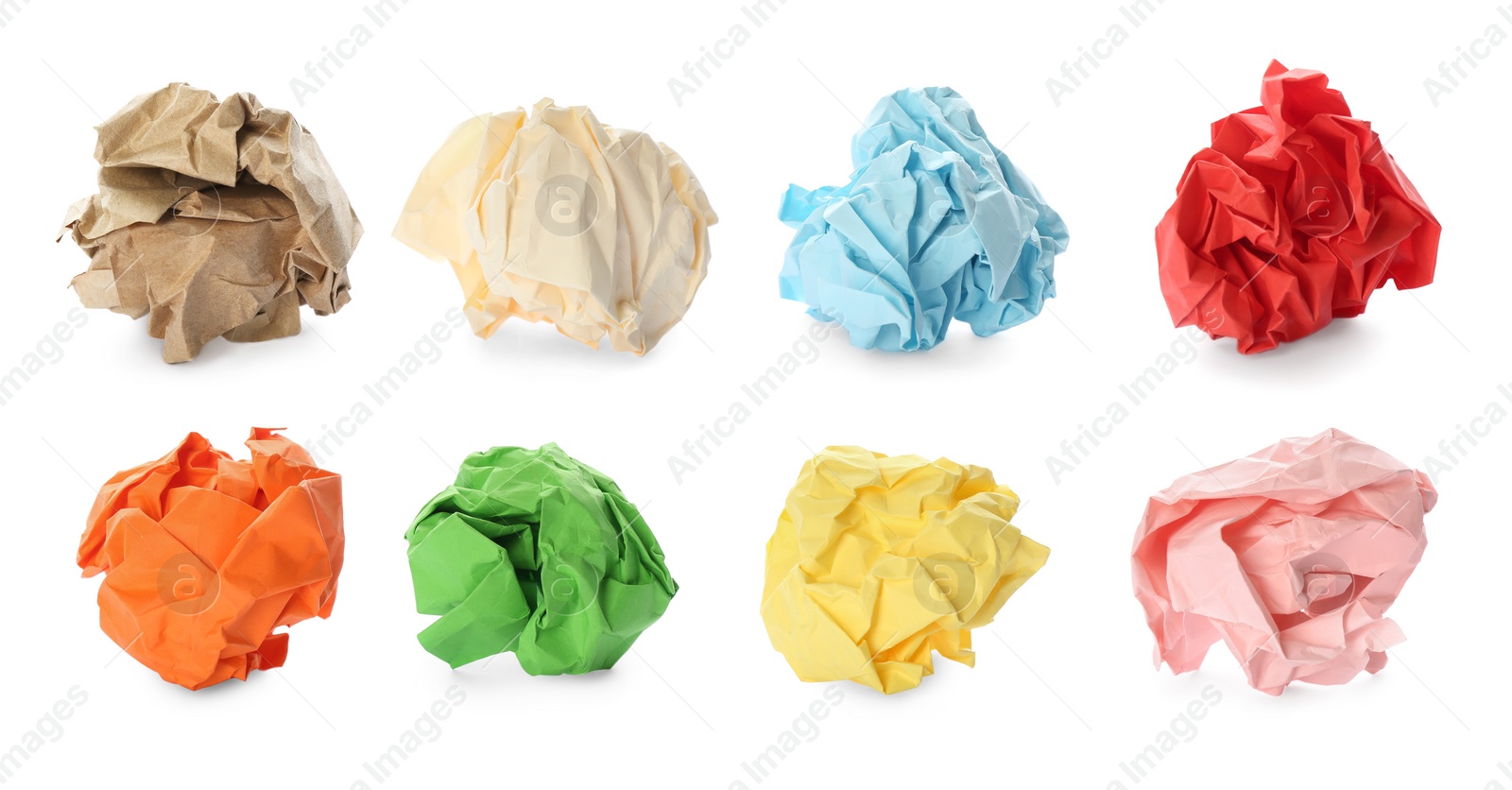 Image of Set with crumpled sheets of different paper on white background. Banner design