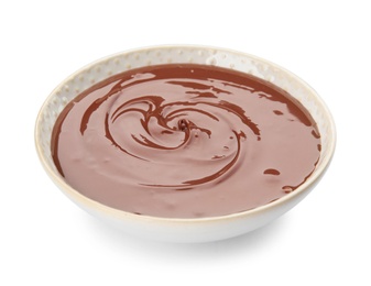 Photo of Bowl of sweet chocolate cream isolated on white