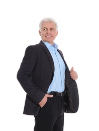 Photo of Handsome mature man in stylish suit on white background