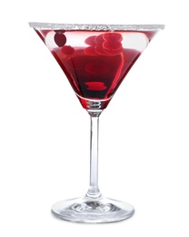 Delicious Christmas cocktail with liqueur in glass on white background