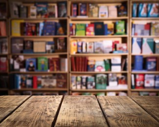 Image of Empty wooden table in library. Space for design 