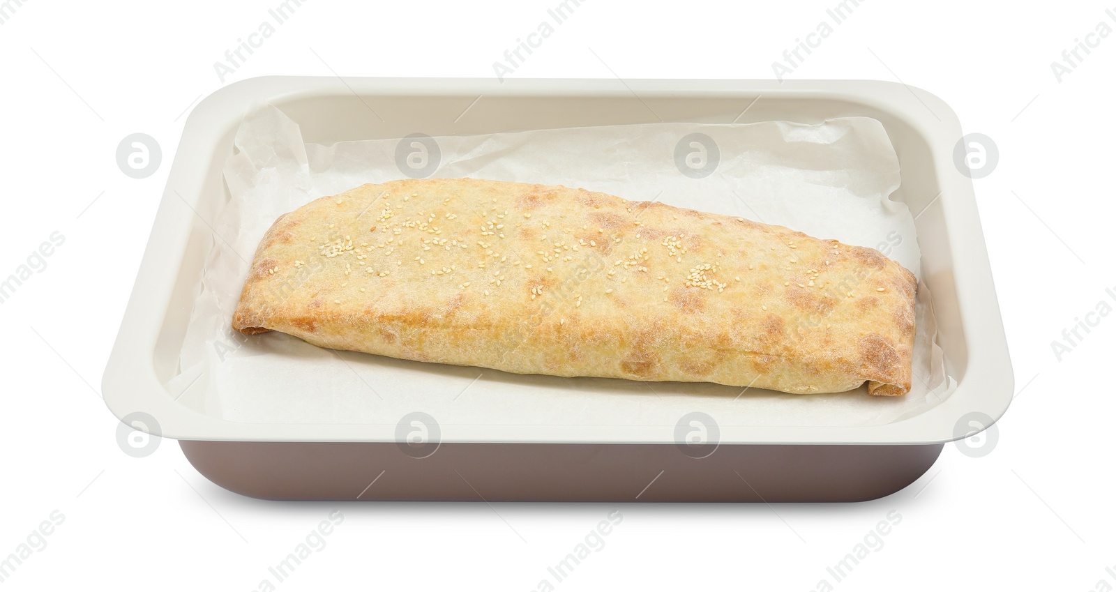 Photo of Delicious strudel with tasty filling isolated on white