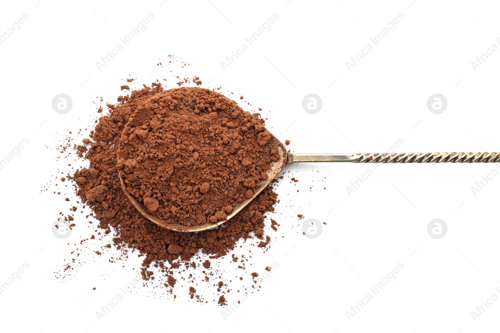 Photo of Spoon with cocoa powder on white background