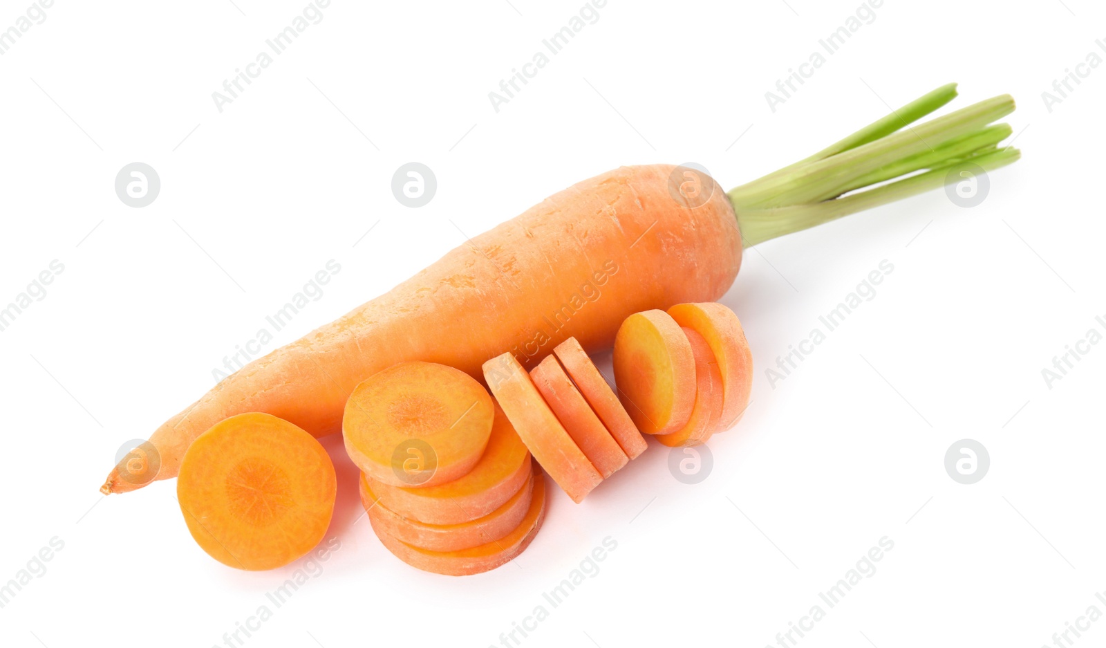 Photo of Whole and cut ripe carrots isolated on white