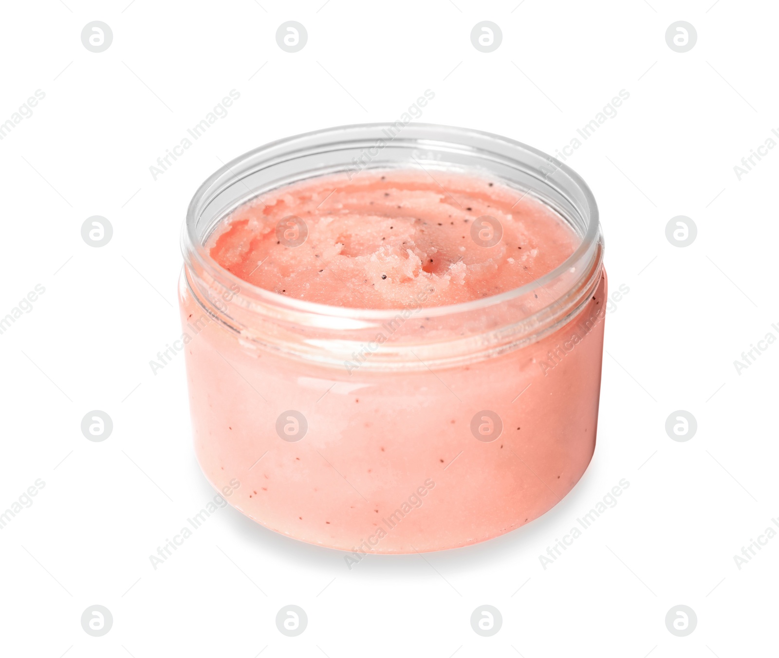 Photo of Body scrub in jar isolated on white