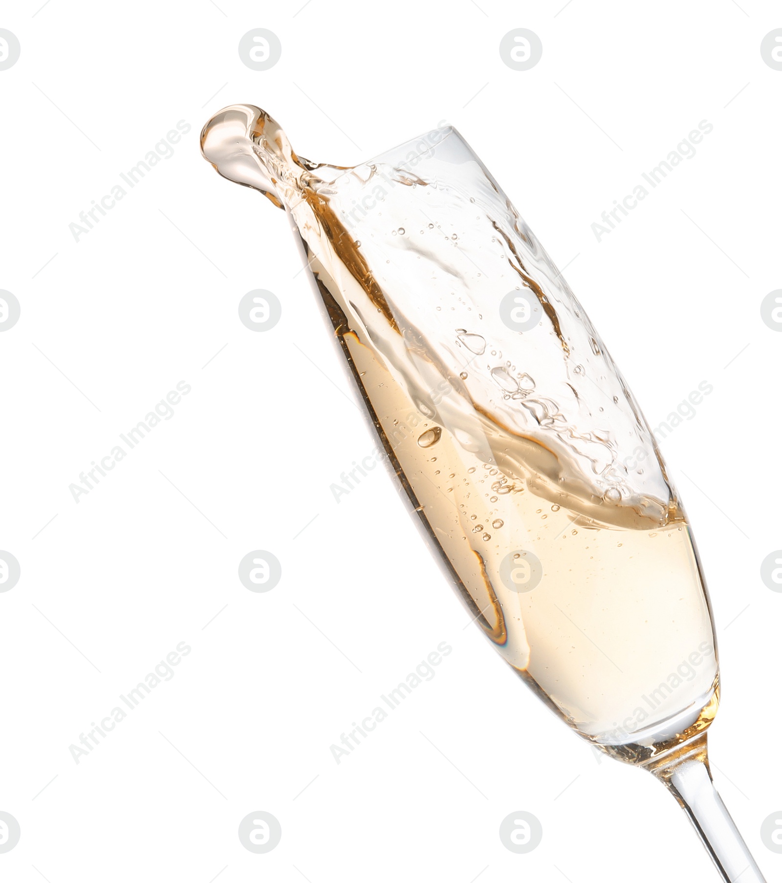 Photo of Glass of champagne on white background. Festive drink