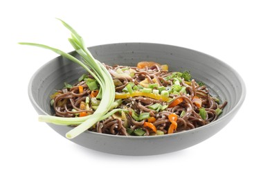 Photo of Stir-fry. Delicious cooked noodles with chicken and vegetables in bowl isolated on white