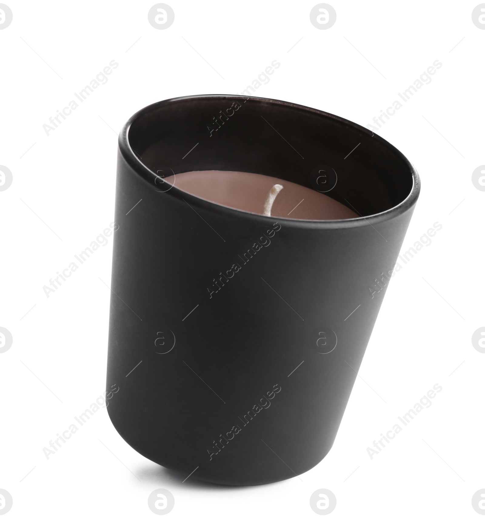 Photo of Aromatic candle in black holder isolated on white