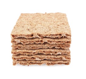 Photo of Stack of fresh crunchy crispbreads on white background. Healthy snack