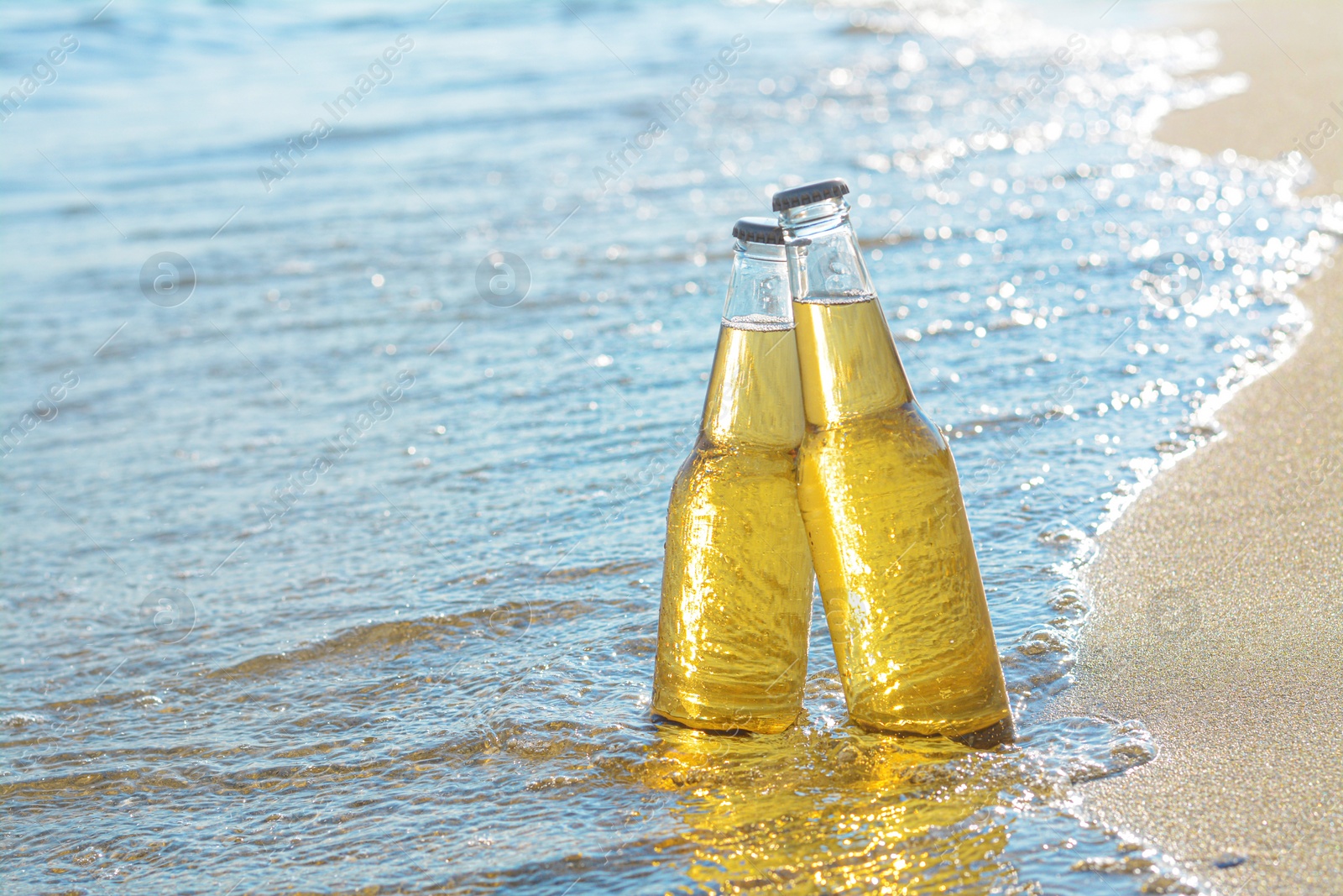 Photo of Bottles of cold beer on sandy beach near sea, space for text