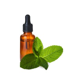 Bottle of essential oil and mint on white background