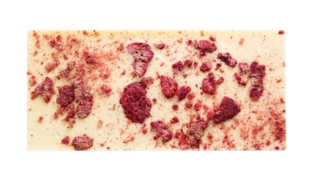 Photo of Chocolate bar with freeze dried raspberries isolated on white, top view