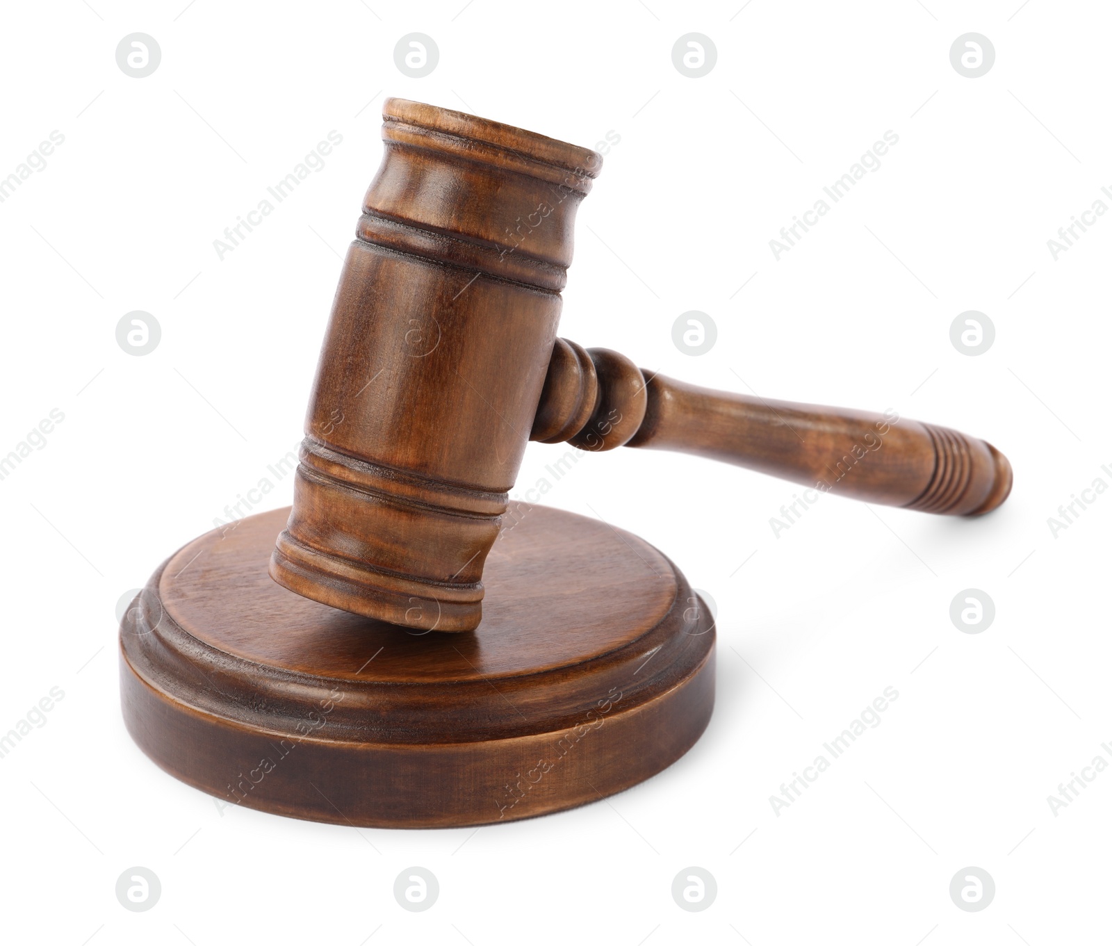 Photo of Wooden gavel isolated on white. Small mallet