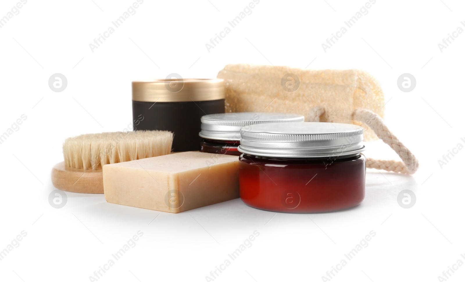 Photo of Different body care products and accessories on white background