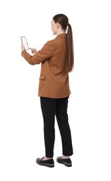 Photo of Woman using smartphone with blank screen on white background