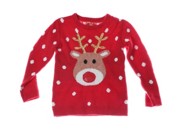 Photo of Warm Christmas sweater on white background. Seasonal clothing