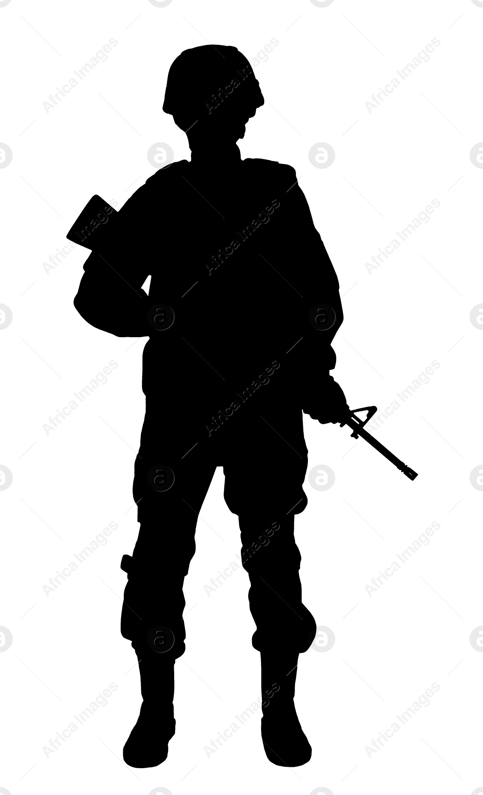 Image of Silhouette of soldier with assault rifle on white background. Military service