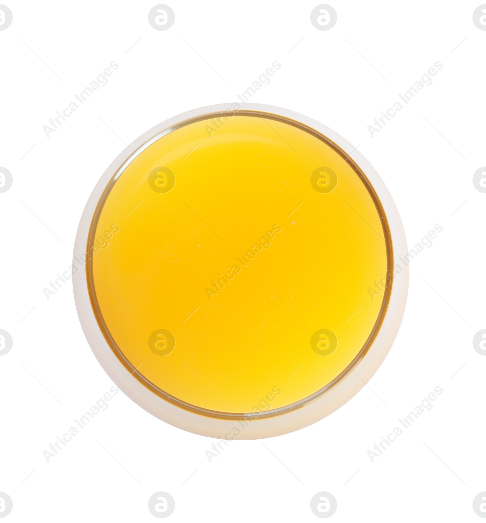 Photo of Glass of orange juice on white background, top view