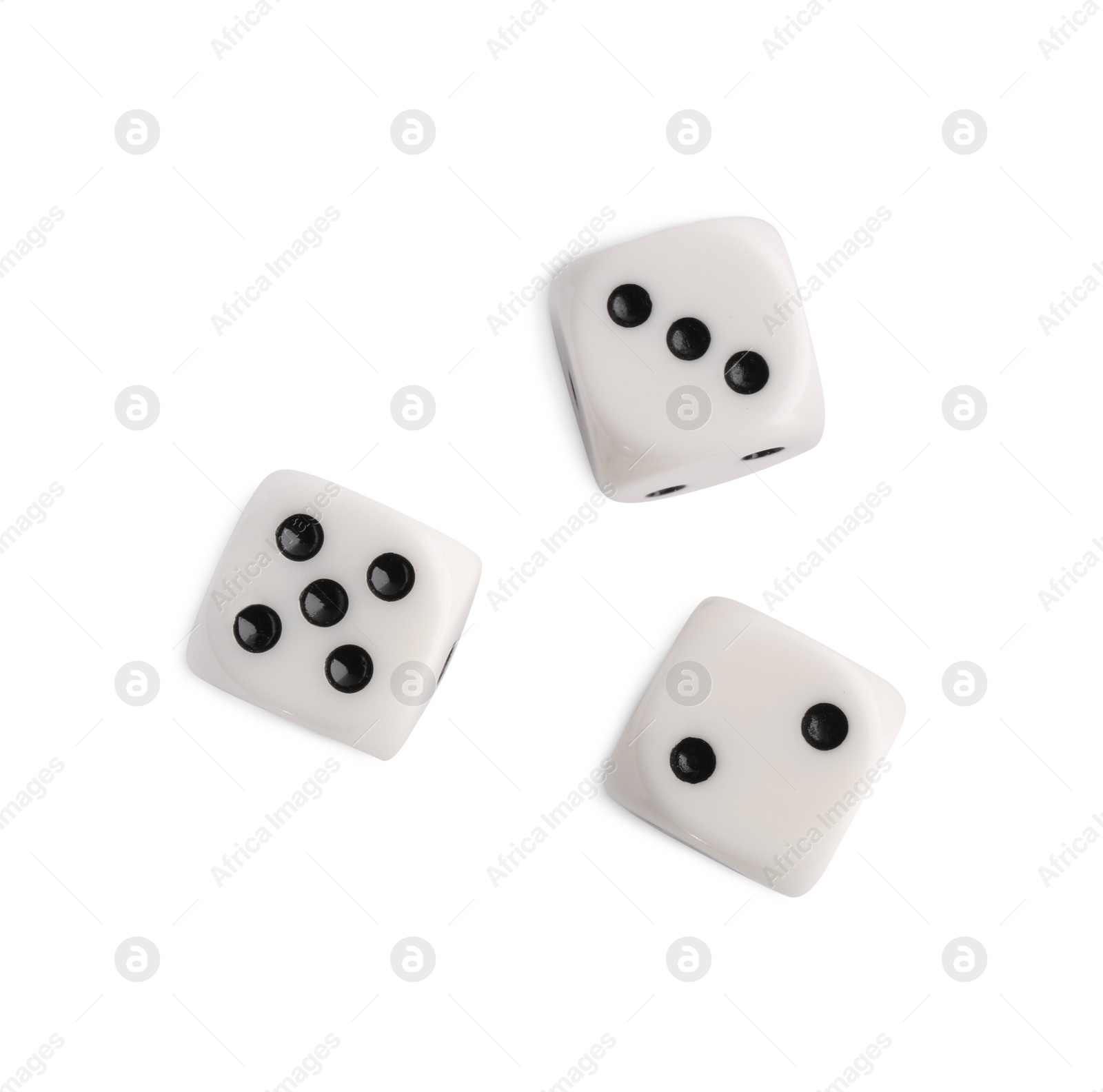 Photo of Three dices isolated on white, top view. Game cubes